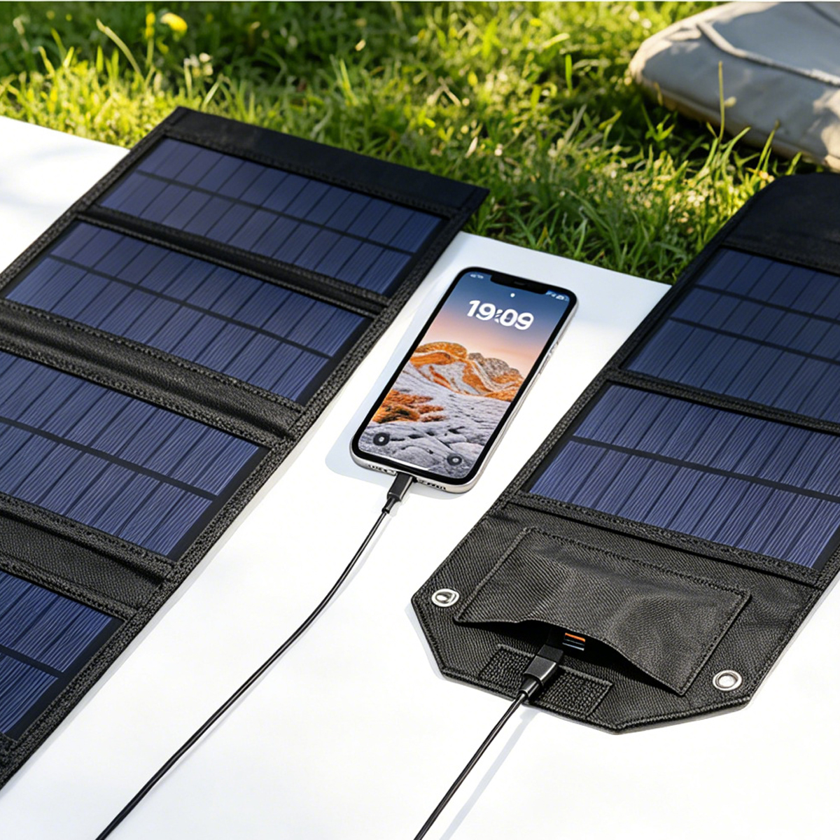 Ein aufklappbares Solarpanel lädt ein Smartphone auf, das auf einer Weißen Fläche liegt.