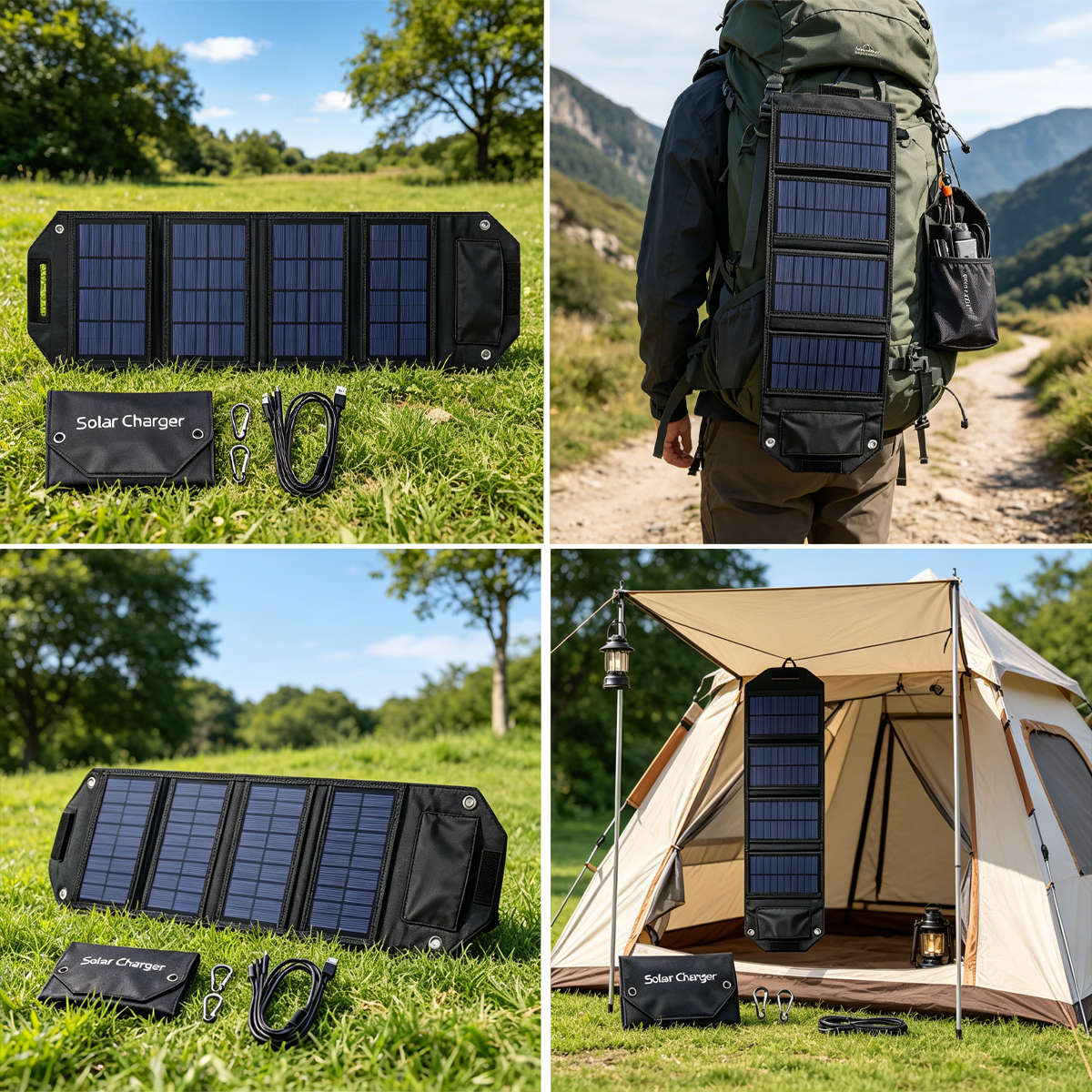 Faltbares Solar-Ladegerät auf Gras mit Zubehör. Rucksack mit Ladegerät auf Weg.