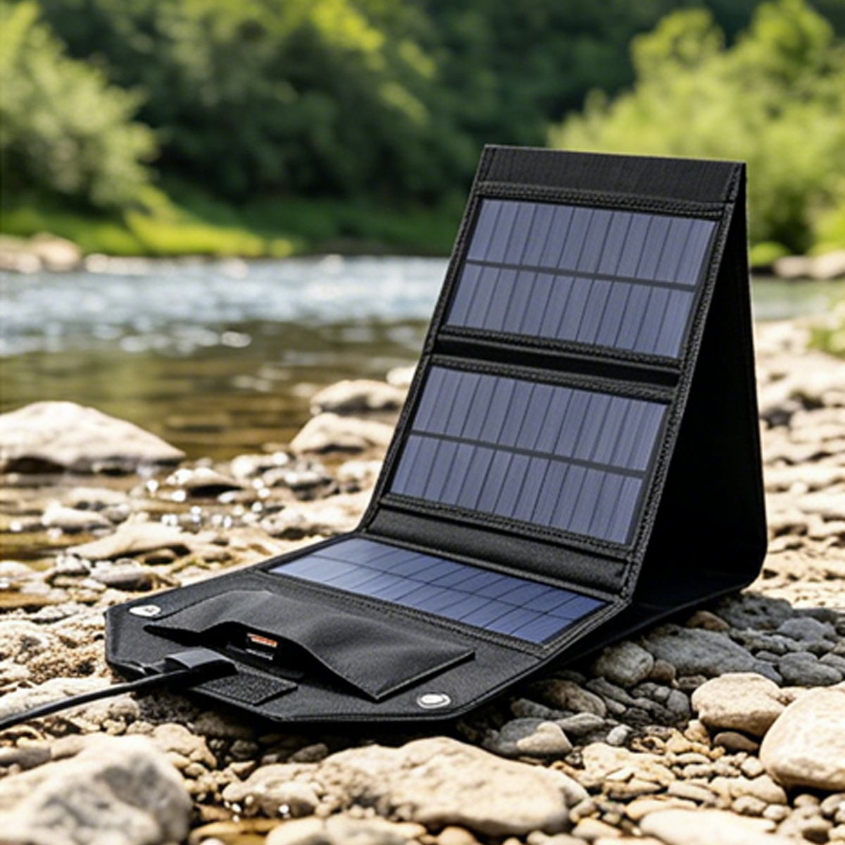 Ein faltbares Solarpanel liegt auf Steinen an einem Flussufer mit Bäumen im Hintergrund.
