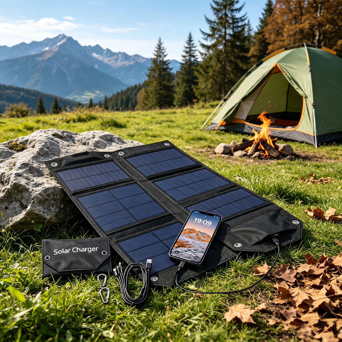 Ein Solar-Ladegerät und ein Telefon liegen auf Gras nahe einem Zelt und Lagerfeuer.
