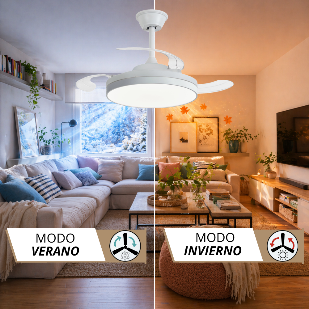 Vista dividida de sala: modo verano (luz azul, nieve) y modo invierno (luz cálida, decoración acogedora).