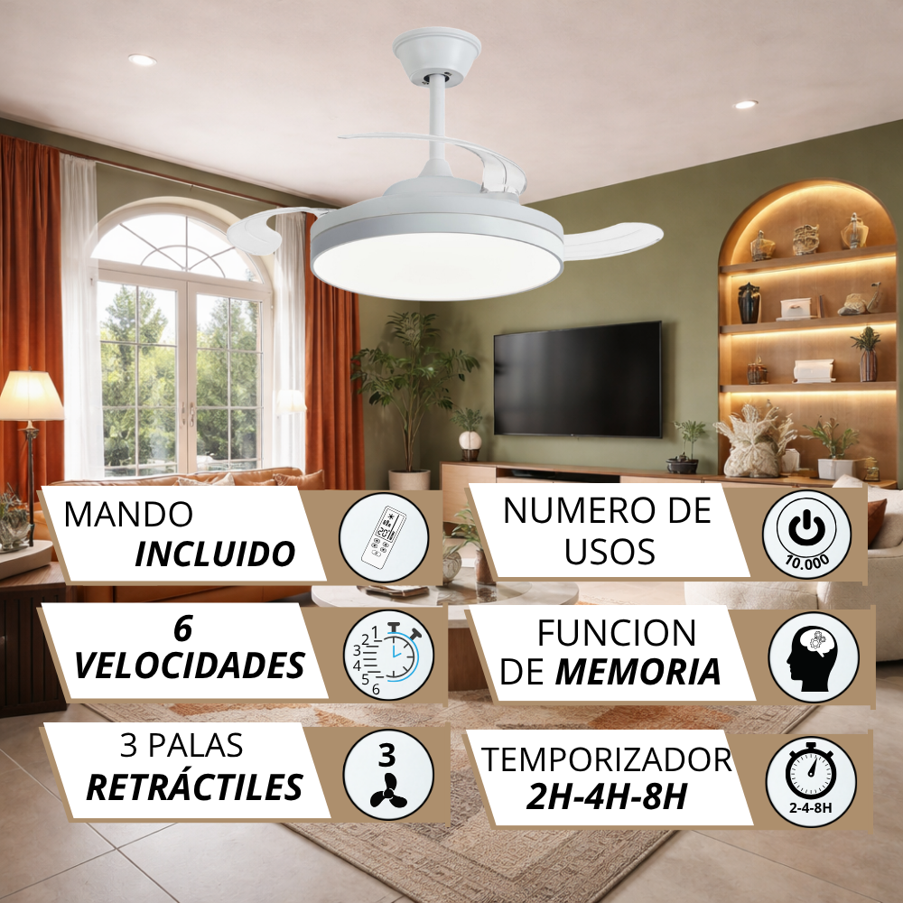 Un ventilador de techo blanco con luz cuelga en una sala con TV y sofá.