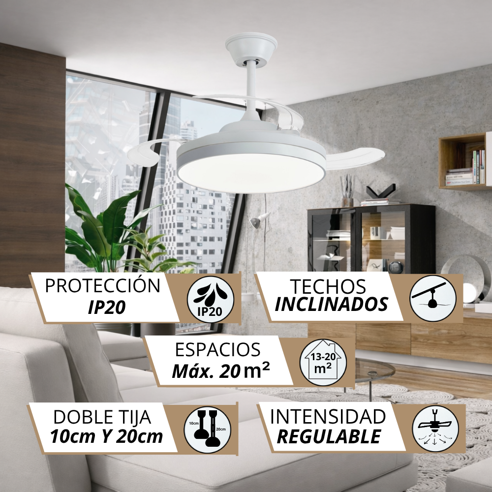 Ventilador de techo blanco moderno con luz, IP20, para 20m², techos inclinados.