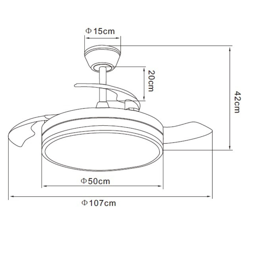 Dibujo técnico de un ventilador de techo con dimensiones: 15cm, 20cm, 42cm, 50cm, 107cm.