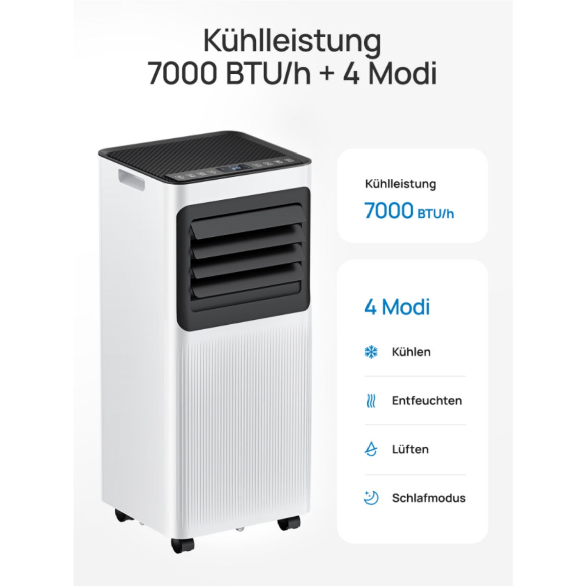 Ein weißer mobile Klimaanlage mit schwarzen Lüftungsschlitzen und Bedienfeld.