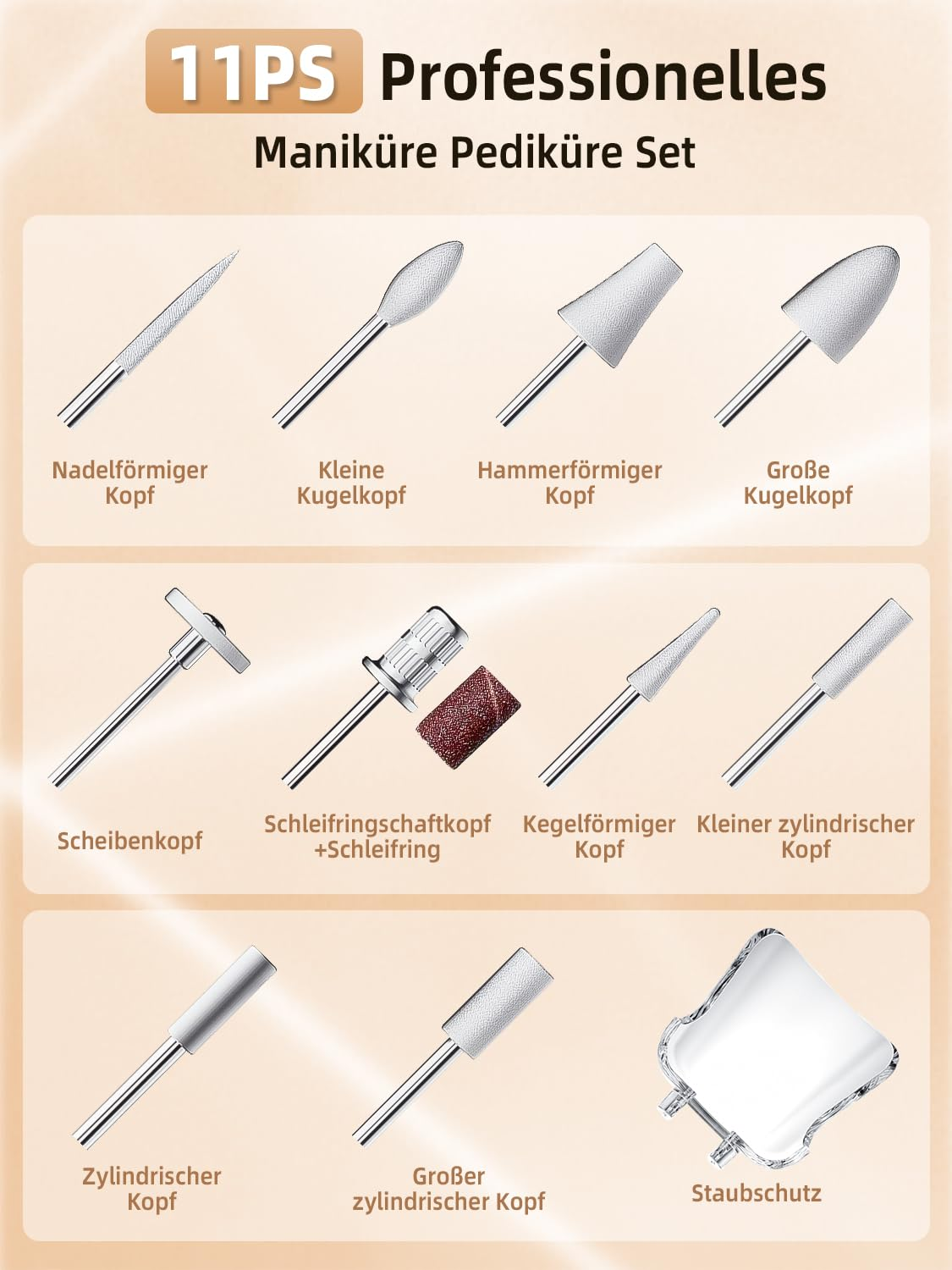 Eine Auswahl an 11 Maniküre- und Pediküre-Aufsätzen, darunter Kegel-, Kugel-, Nadel- und Zylinderformen.