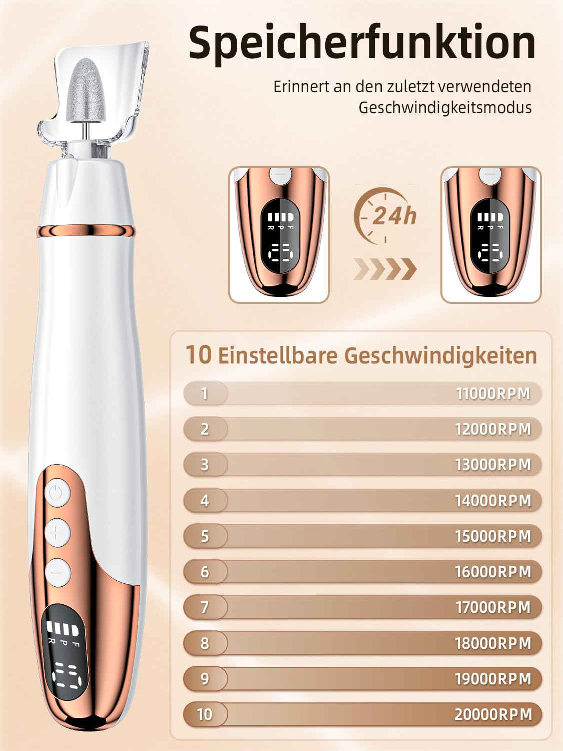 Ein weißer und roségoldener Nagelfräser mit 10 Geschwindigkeitsstufen.