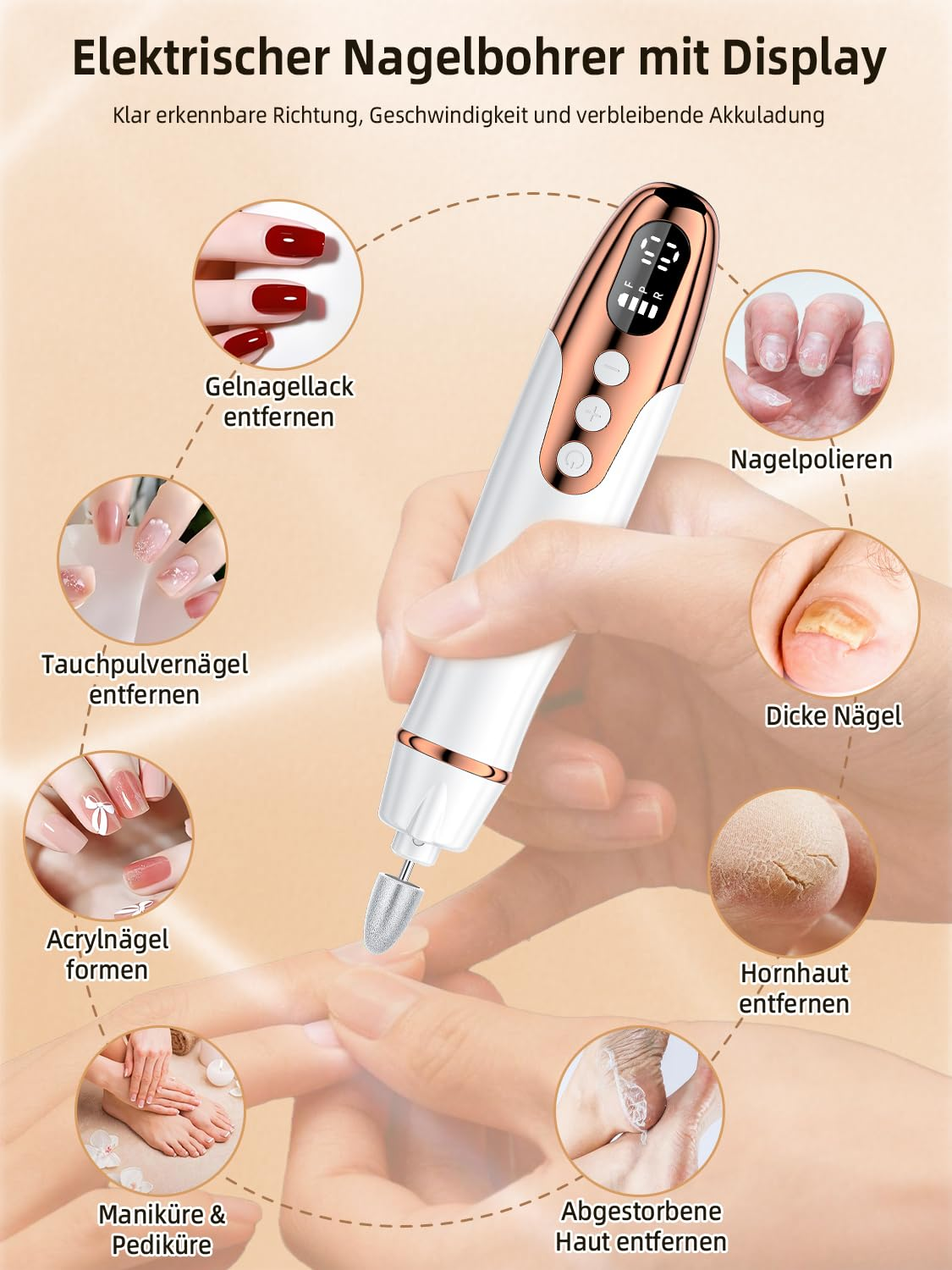 Elektrischer Nagelbohrer mit Display zeigt verschiedene Nagelpflege-Optionen.