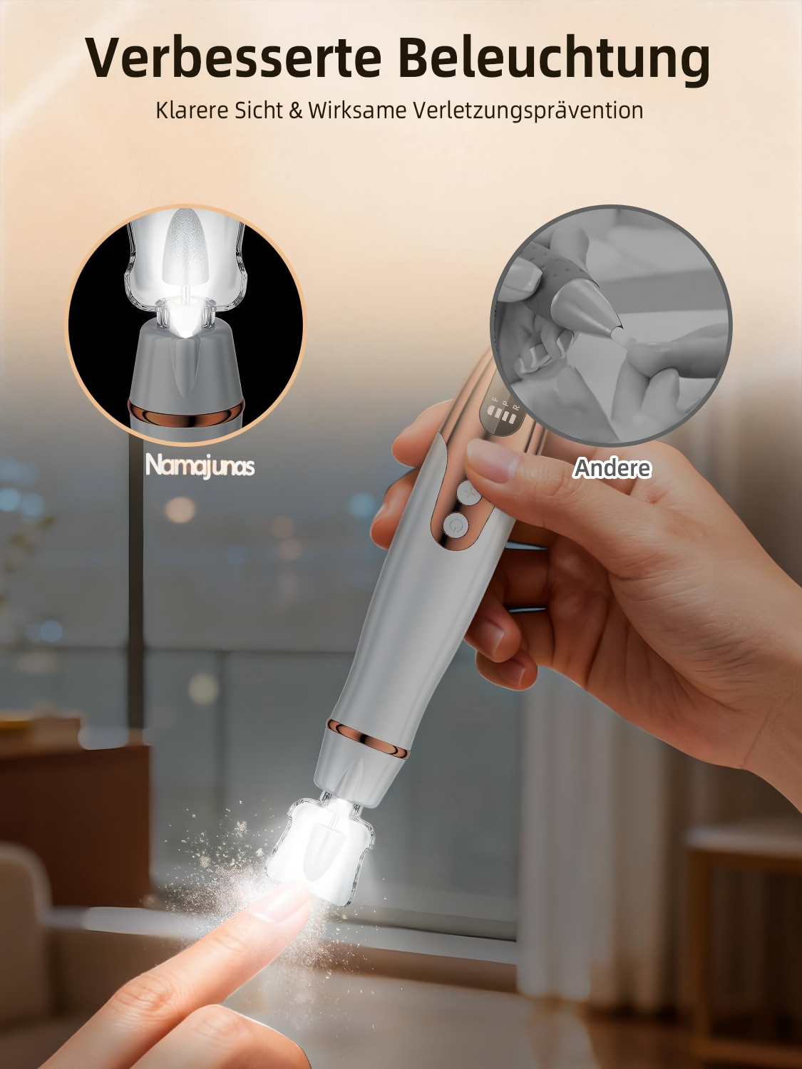 Ein Gerät mit Licht beleuchtet einen Fingernagel, während ein anderes auf einen Zehennagel zeigt.