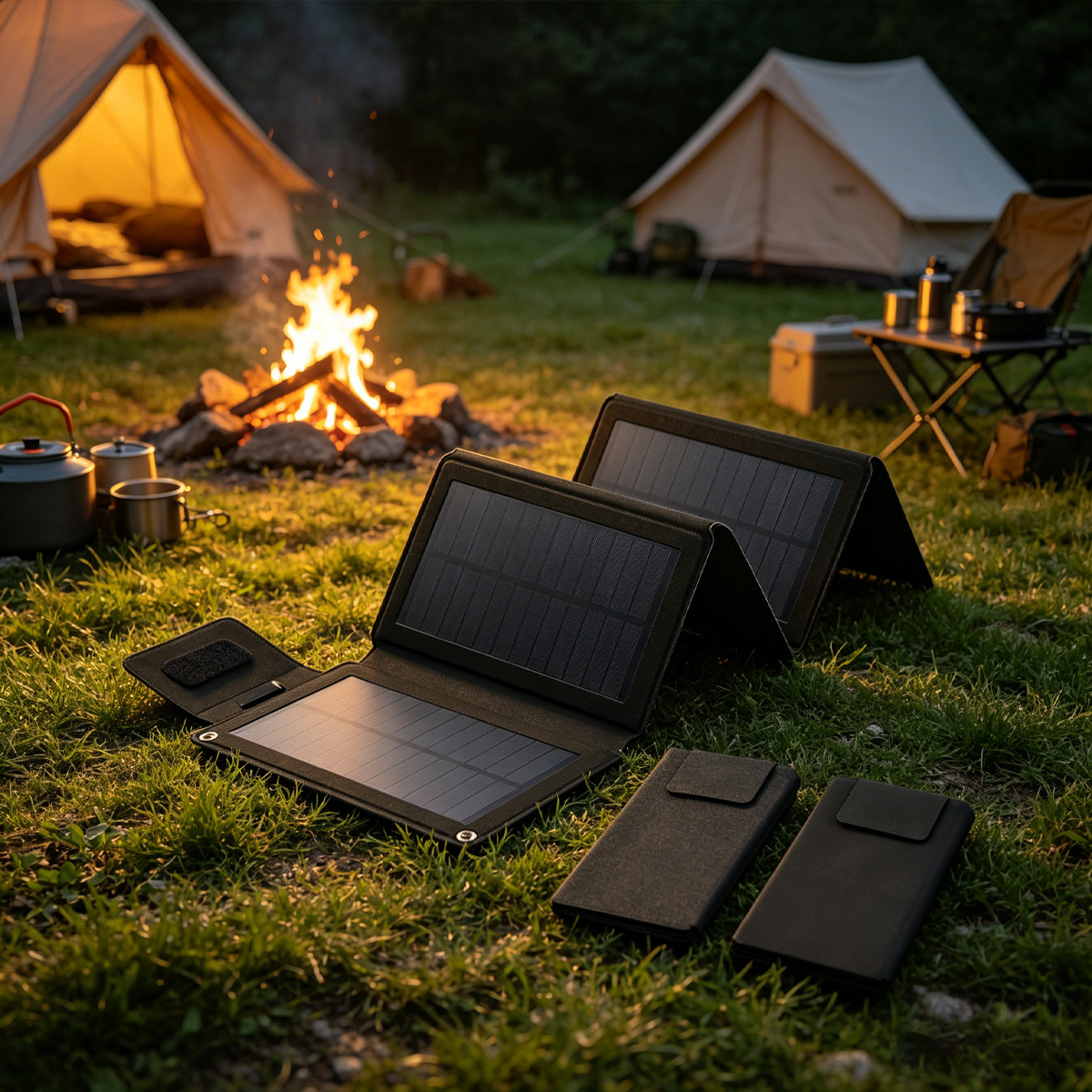 Camping-Szene mit Zelten, Lagerfeuer und Solarladegeräten auf Gras in der Dämmerung.