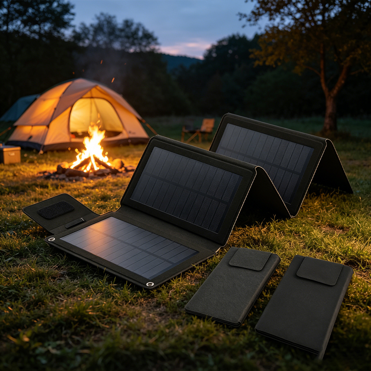 Camping-Szene in der Dämmerung mit beleuchtetem Zelt, Lagerfeuer und Solarpaneelen.