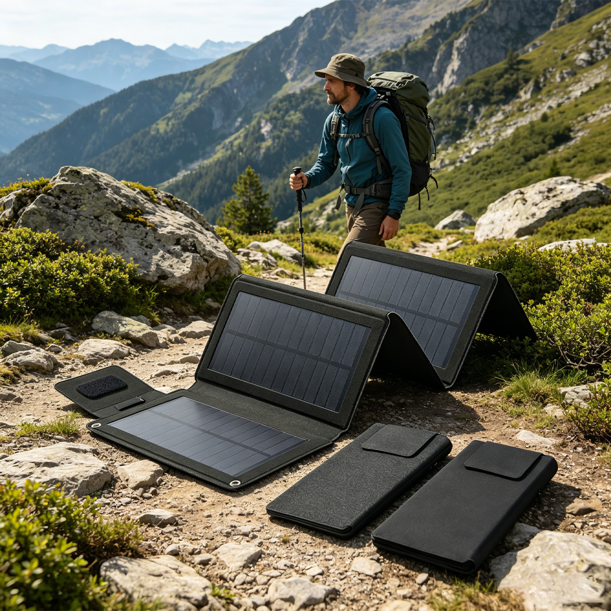 Ein Wanderer mit Rucksack und Stöcken geht auf einem felsigen Gebirgspfad bei Solarladegeräten.