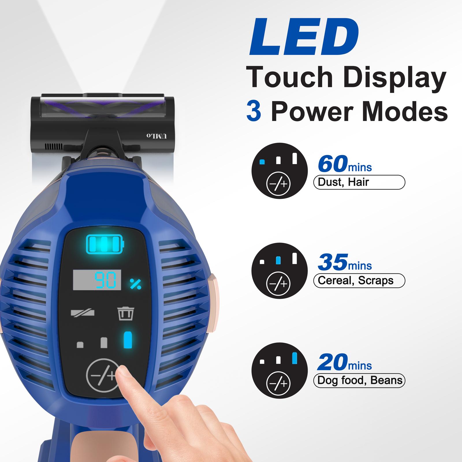 Blauer Staubsauger mit LED-Display zeigt 90% Akku, 3 Leistungsmodi für Staub, Haare, Krümel und Bohnen.