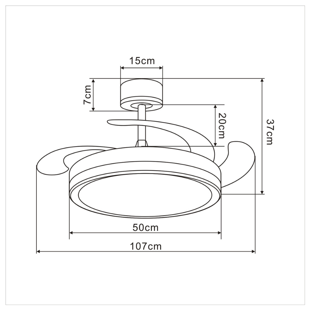 Dibujo técnico de un ventilador de techo con dimensiones.