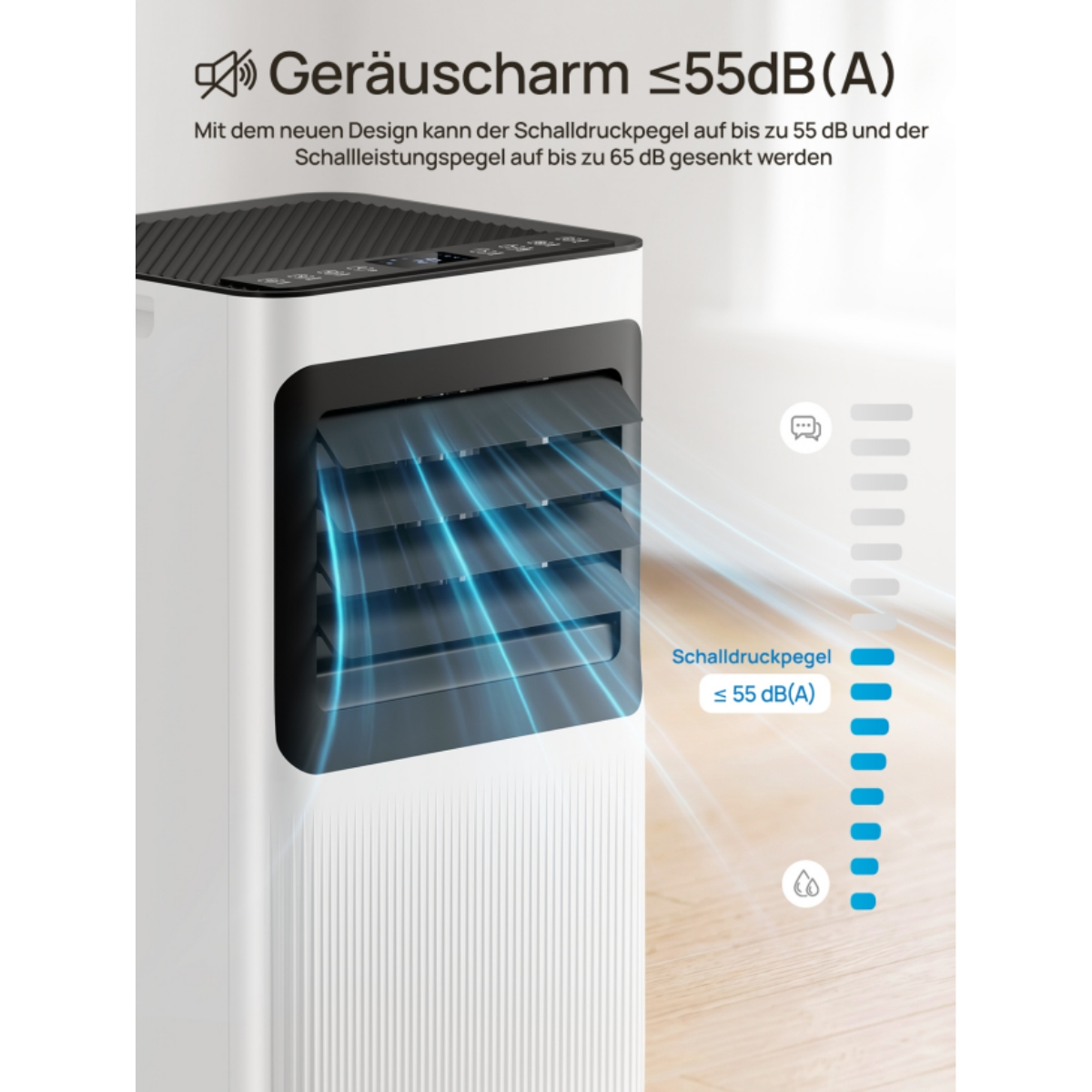 Ein weißer Luftkühler mit Lüftungsschlitzen, die Luft ausstoßen. Geräuscharm ≤55dB(A).