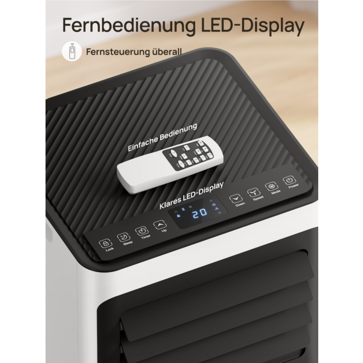 Ein weißes Fernbedienungsgerät liegt auf einem schwarzen Lüfter mit LED-Display.