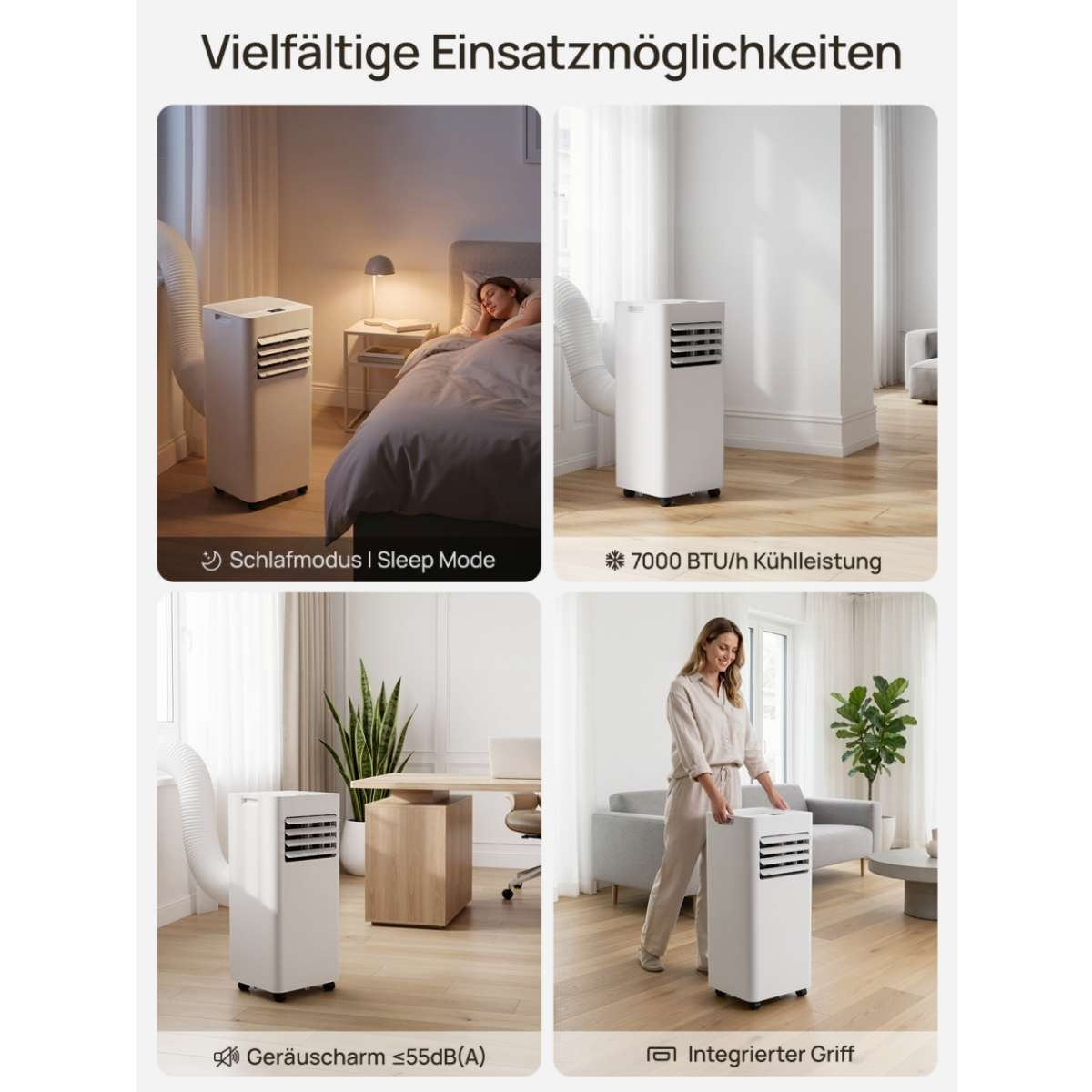 Vier Szenen zeigen ein weißes mobiles Klimagerät, darunter Schlafmodus und Kühlleistung.