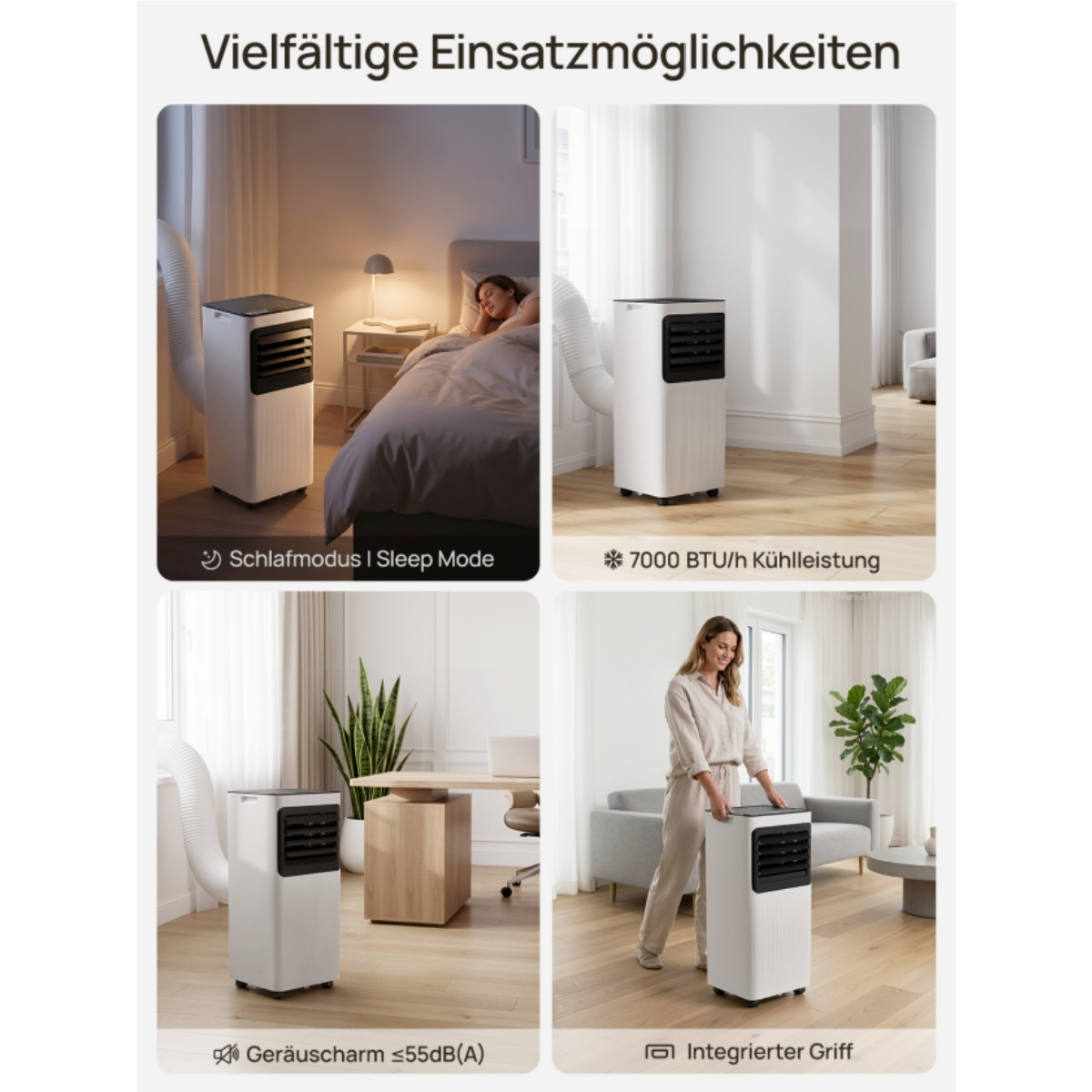 Vier Bilder zeigen einen weißen Klimagerät in verschiedenen Szenarien.