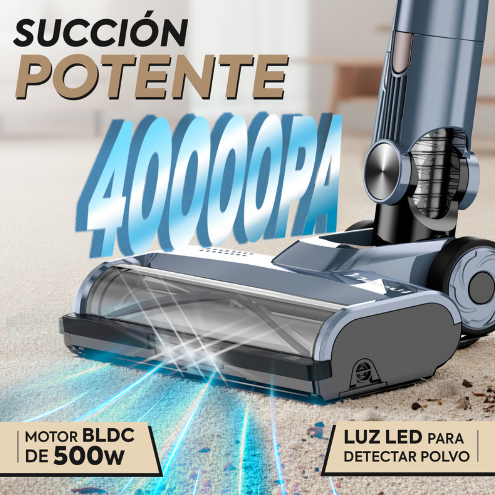 Aspiradora azul con succión de 40000PA, motor BLDC de 500W y luz LED.