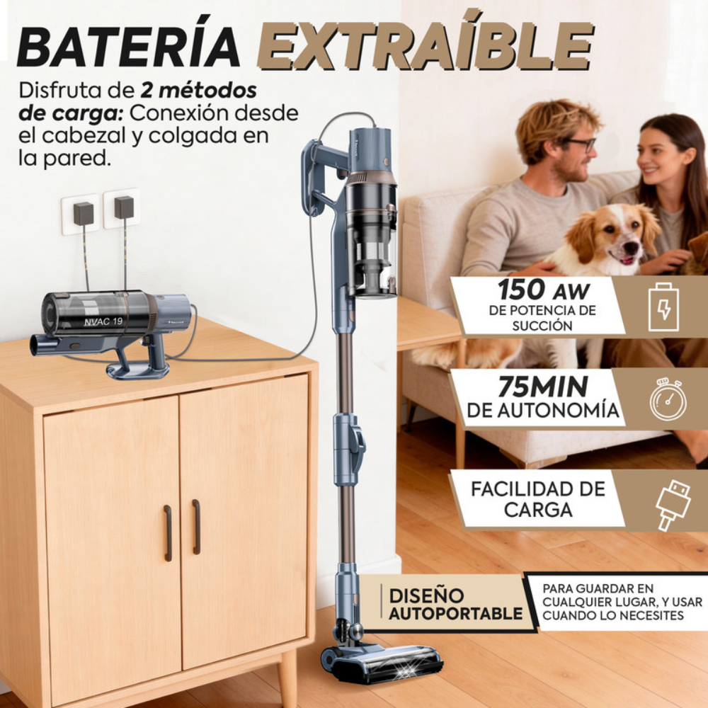 Un aspirador inalámbrico junto a un mueble con un accesorio desmontable.