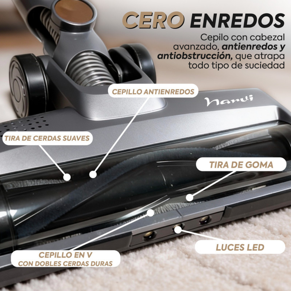 Primer plano de un cabezal de aspiradora con etiquetas para cepillos, tira de goma y luces LED.