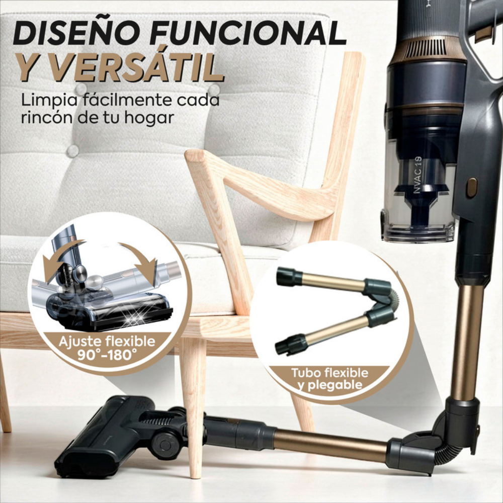 Aspirador sin cable con boquilla flexible y tubo plegable.