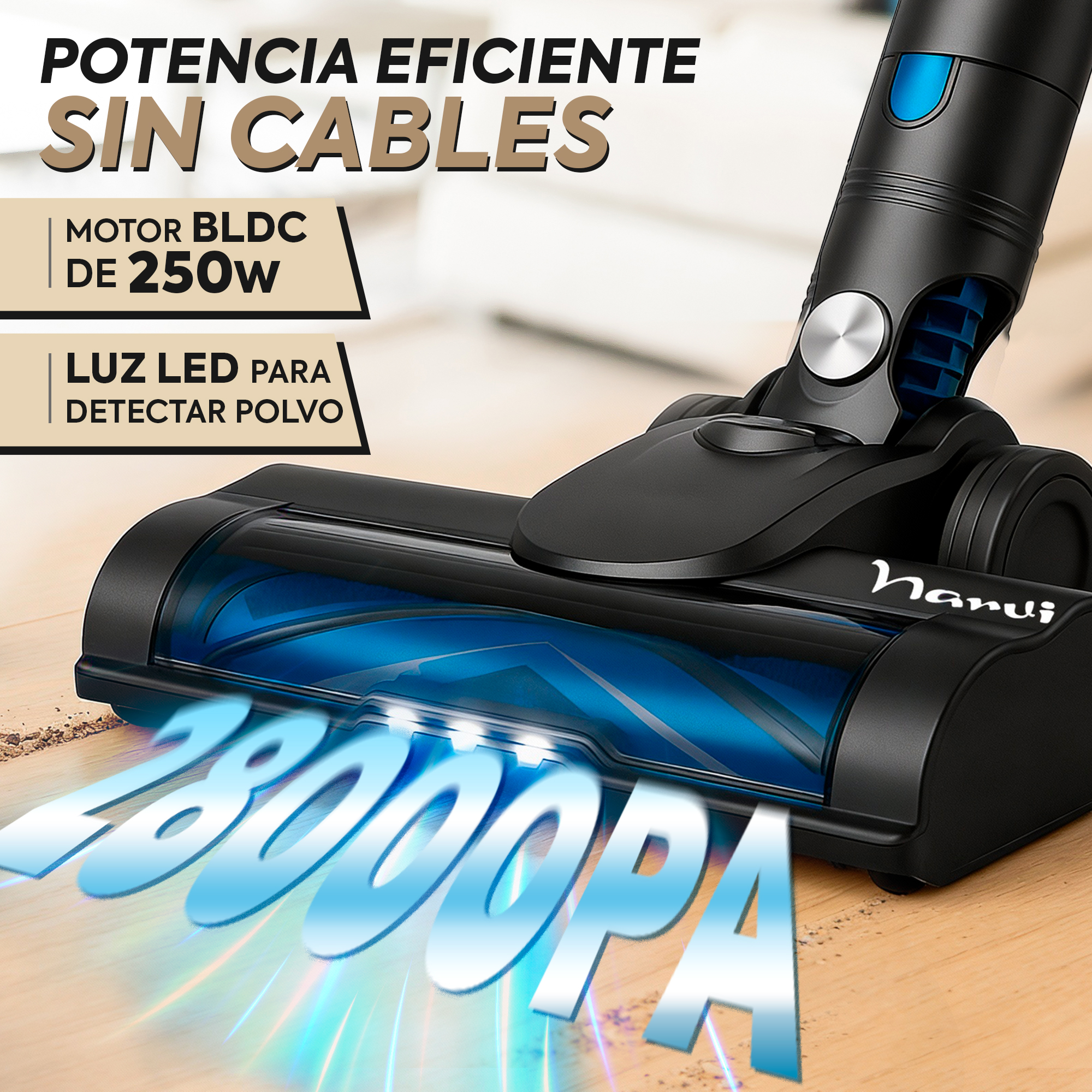 Aspiradora inalámbrica negra con cepillo azul, motor de 250W, luz LED y 28000PA de succión.
