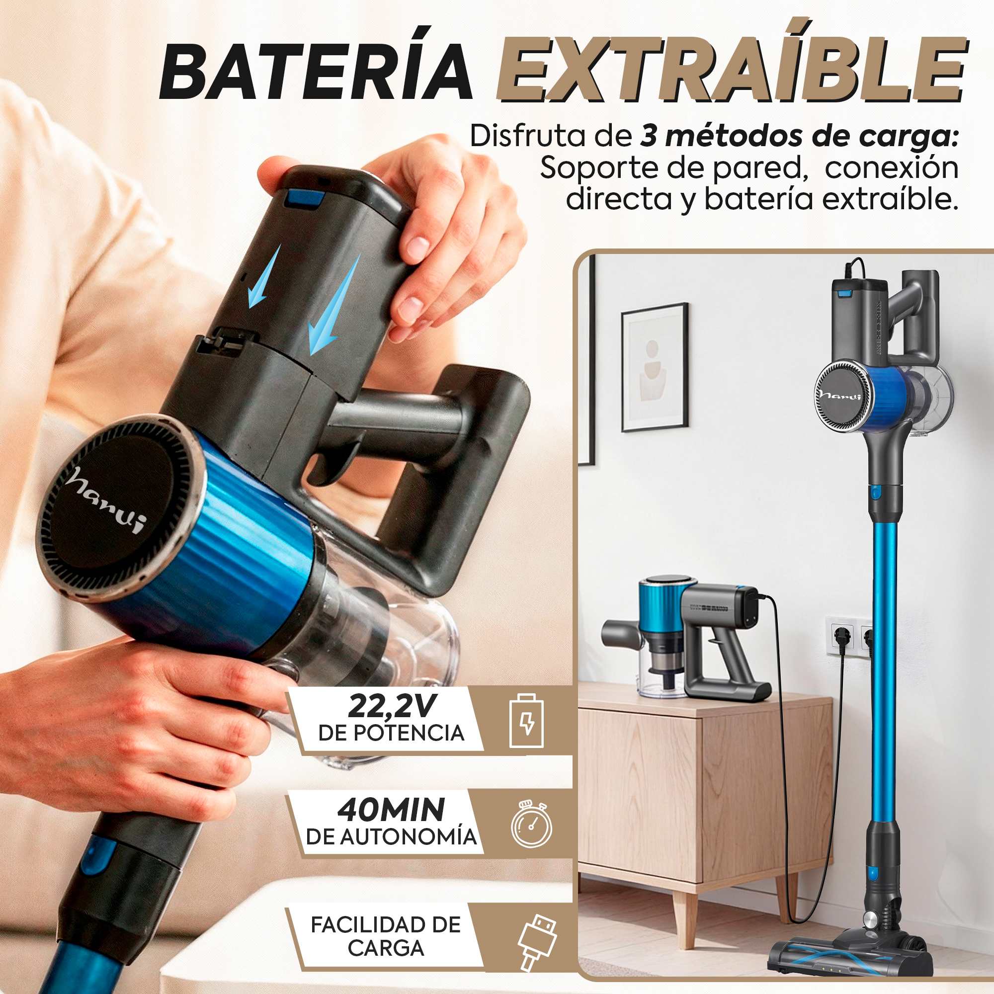 Una persona sostiene una aspiradora inalámbrica azul con batería.
