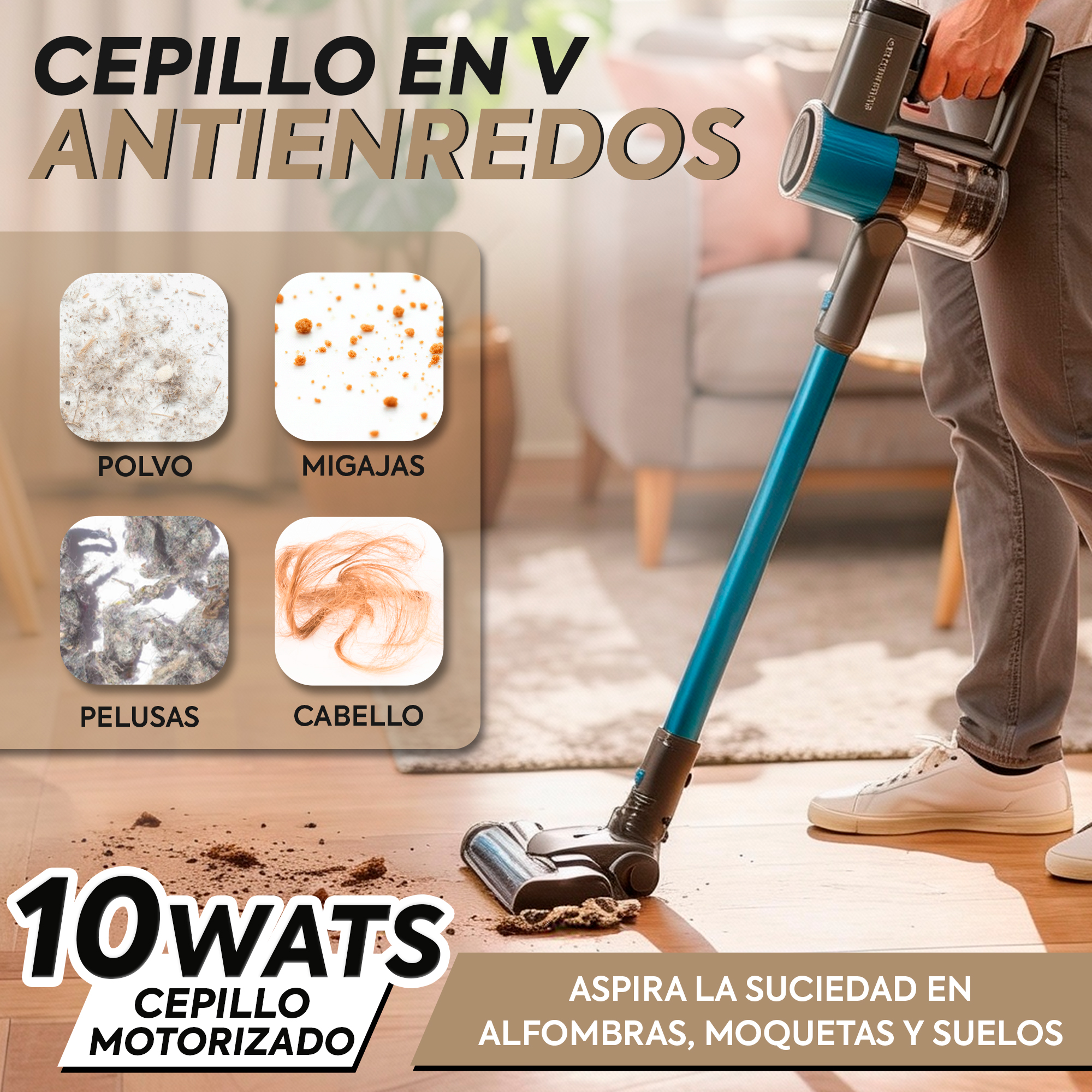 Un hombre sostiene una aspiradora inalámbrica azul sobre un suelo de madera con escombros.