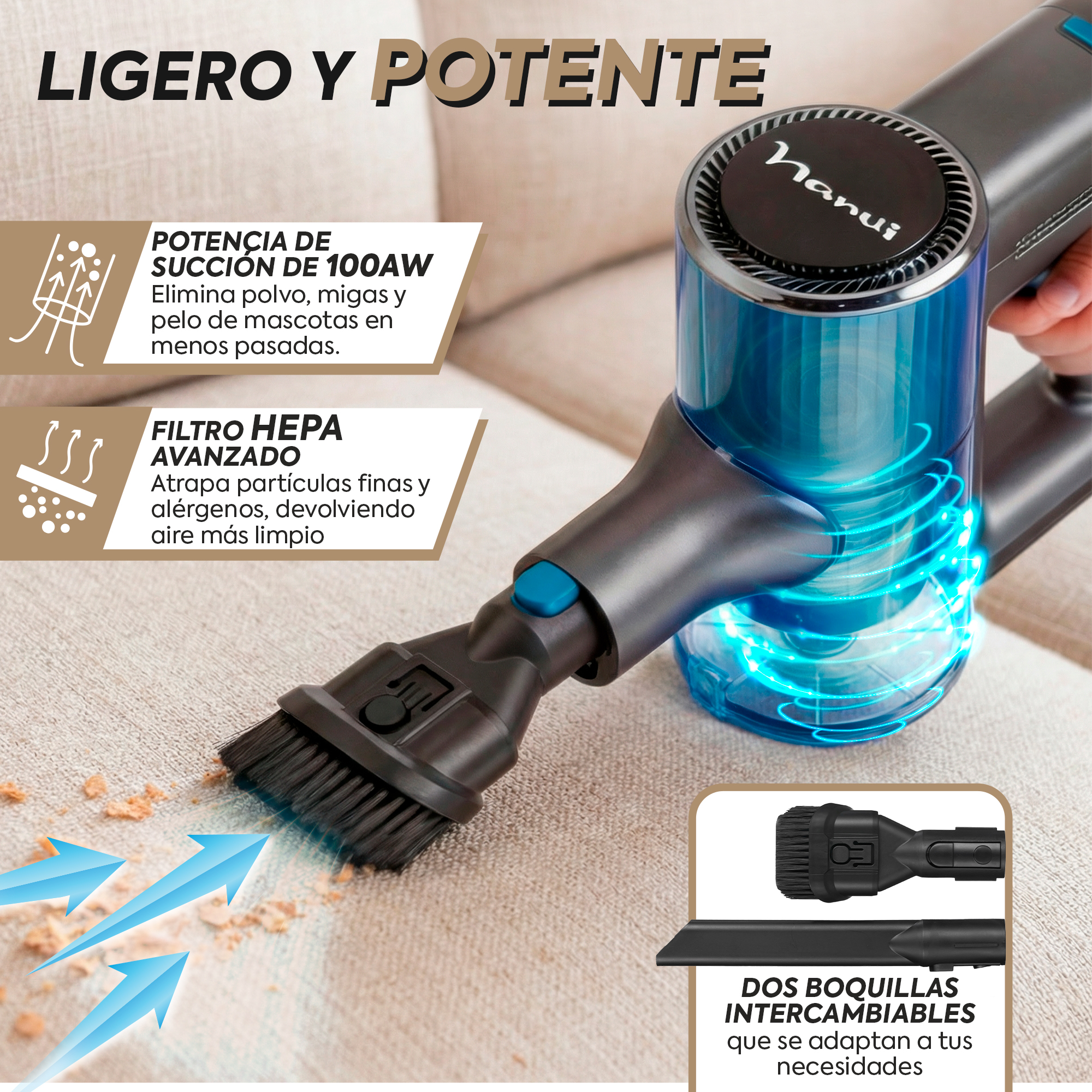Aspiradora de mano con cabezal de cepillo sobre alfombra, mostrando iconos de succión y filtro HEPA.