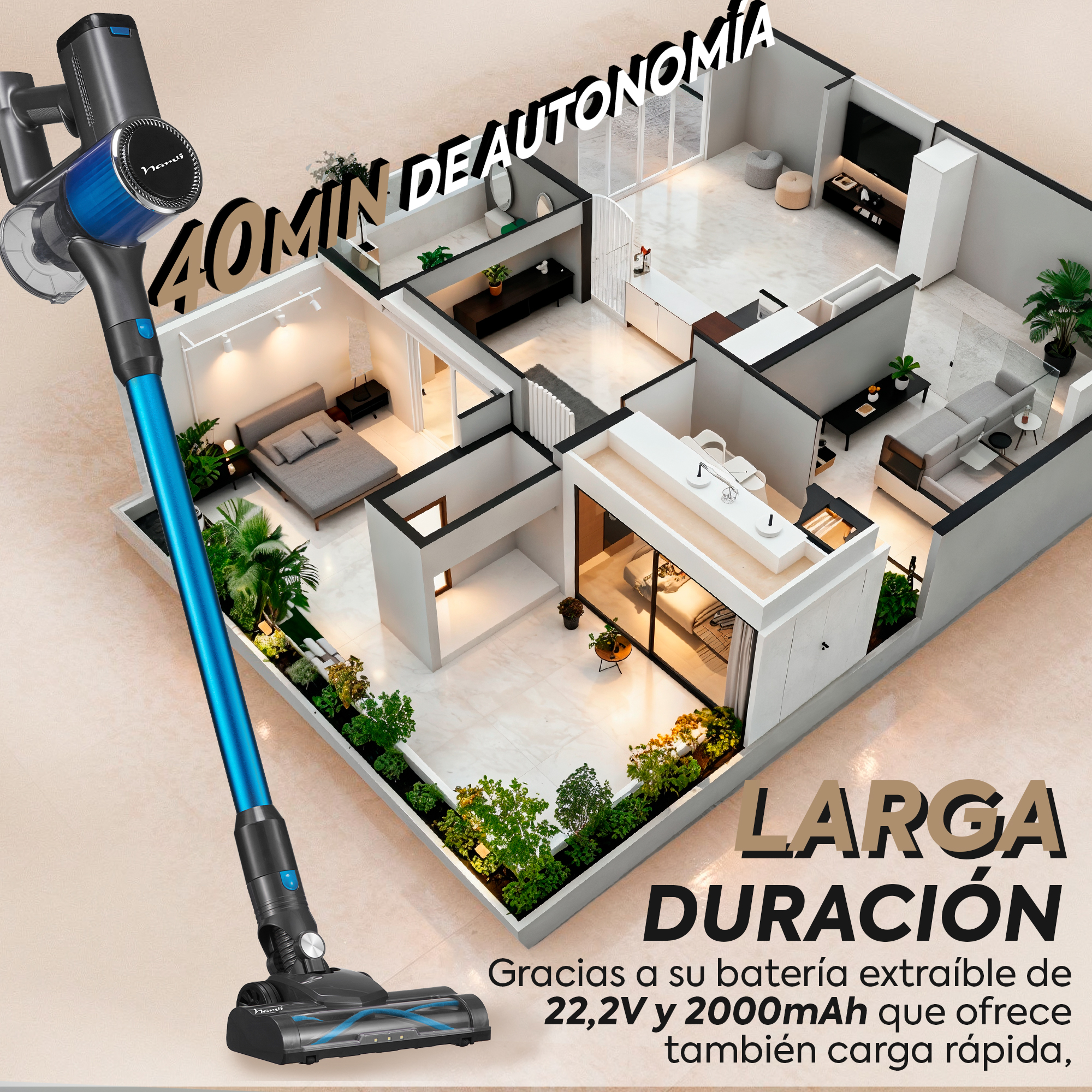 Aspiradora inalámbrica azul sobre plano de casa moderna, indica 40 min de autonomía.