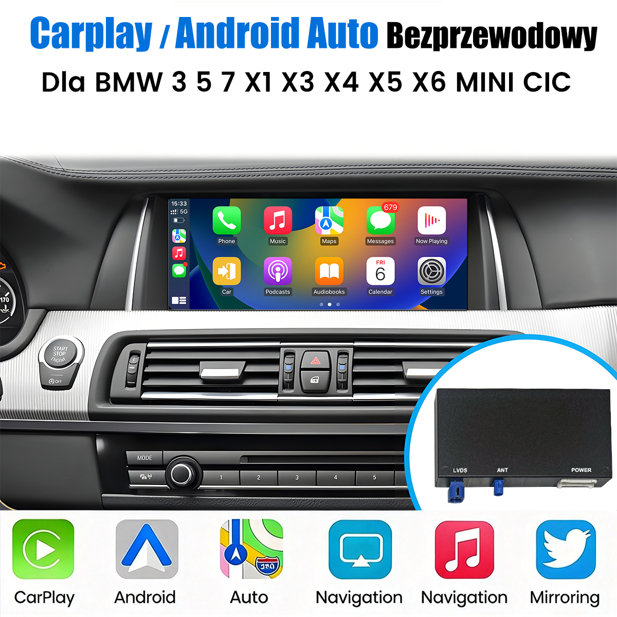 Ekran systemu multimedialnego BMW z ikonami i kontrolkami CarPlay/Android Auto.