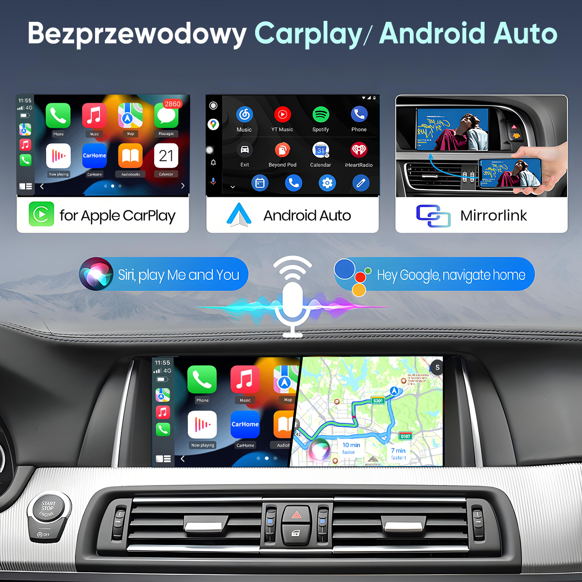 System infotainment samochodu wyświetlający Apple CarPlay, Android Auto i Mirrorlink.