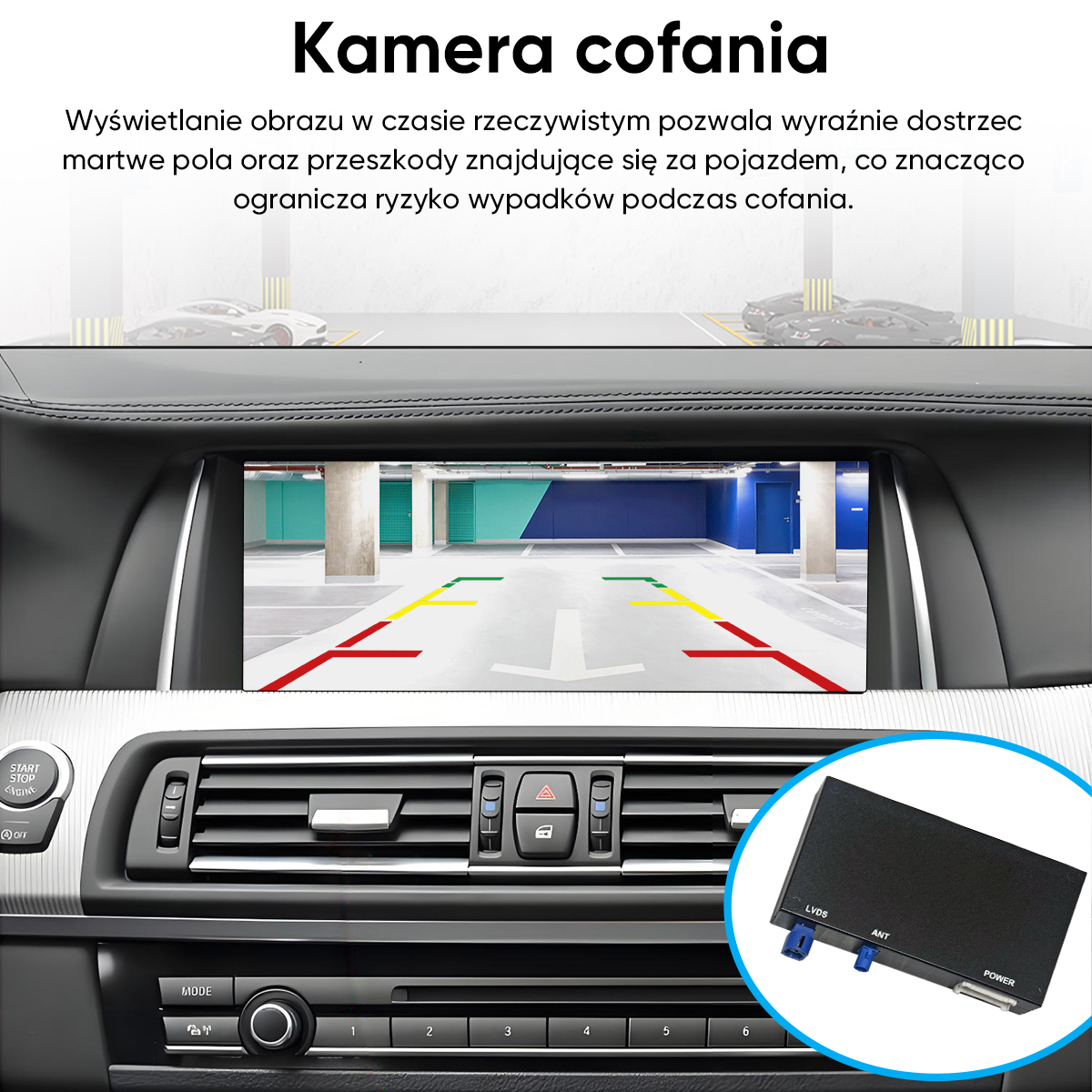 Wnętrze samochodu z wyświetlaczem kamery cofania i jednostką sterującą.