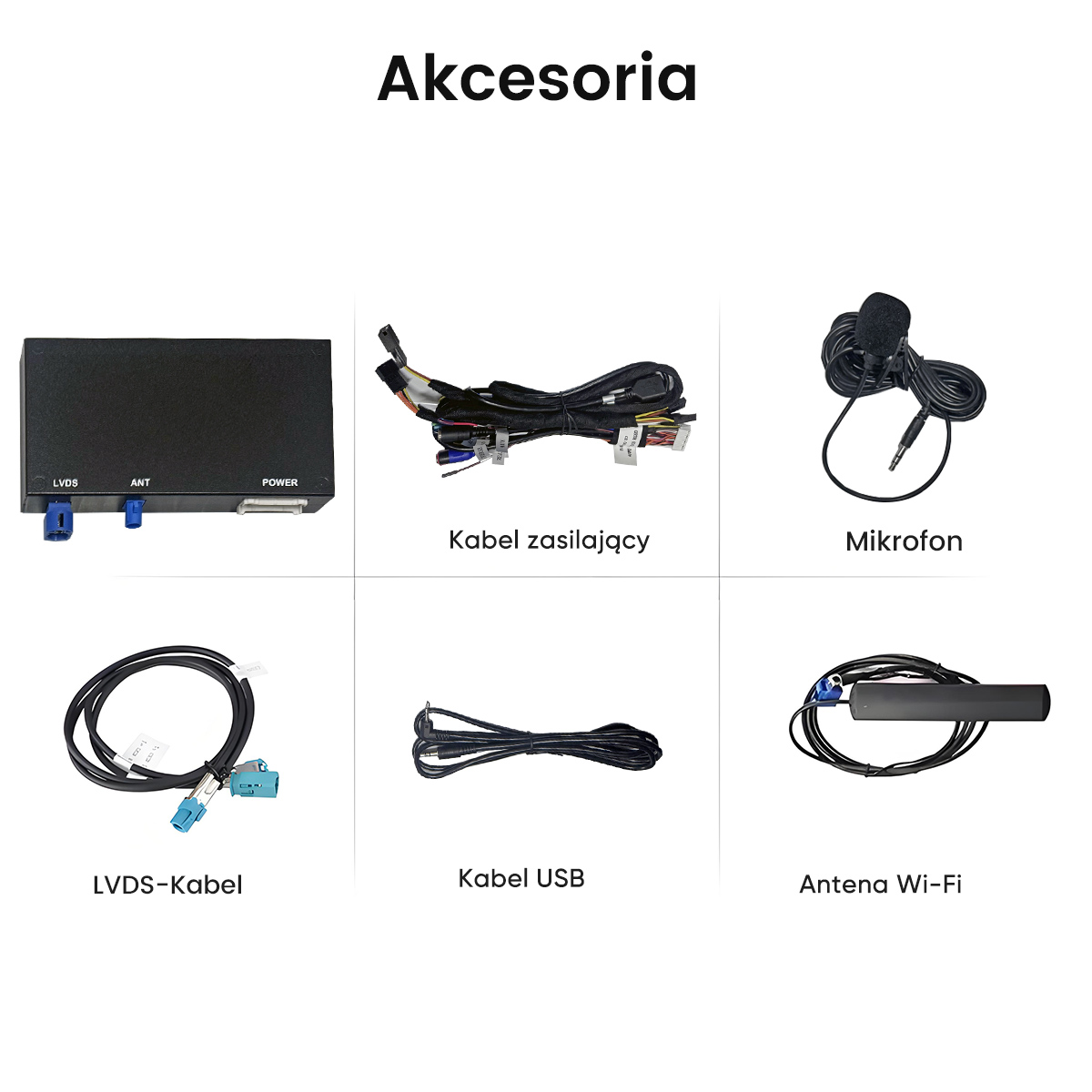 Czarna skrzynka z portami, kablami, mikrofonem, kablem USB i anteną Wi-Fi.