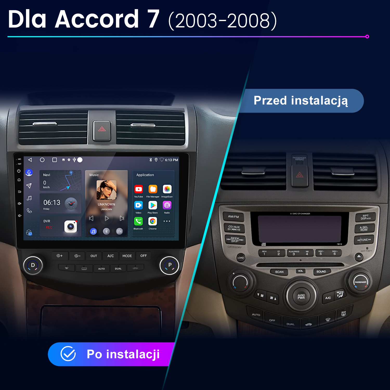 Porównanie radia samochodowego przed i po instalacji w Hondzie Accord.