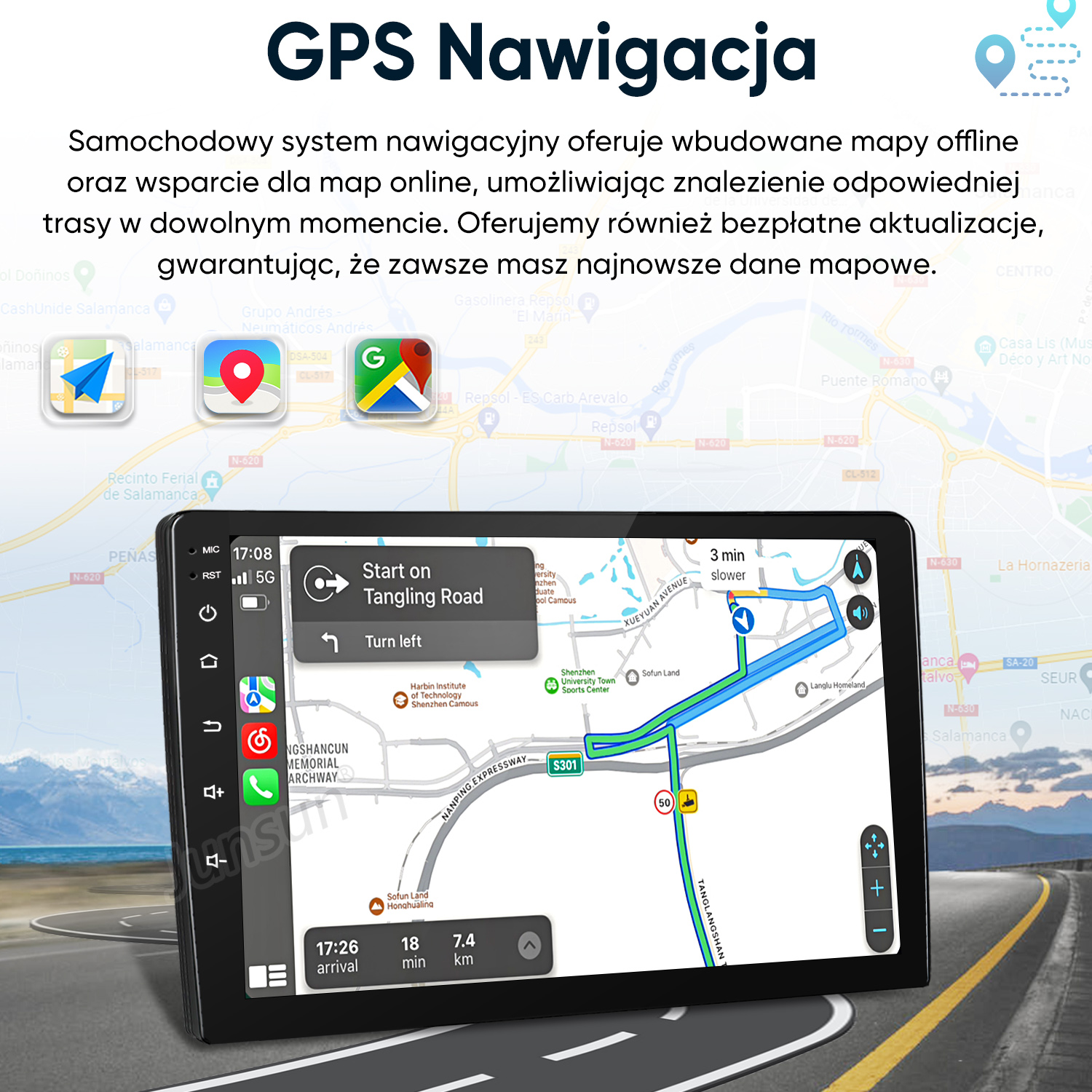 Ekran nawigacji GPS pokazuje mapę z trasą, informacjami o ruchu i menu.