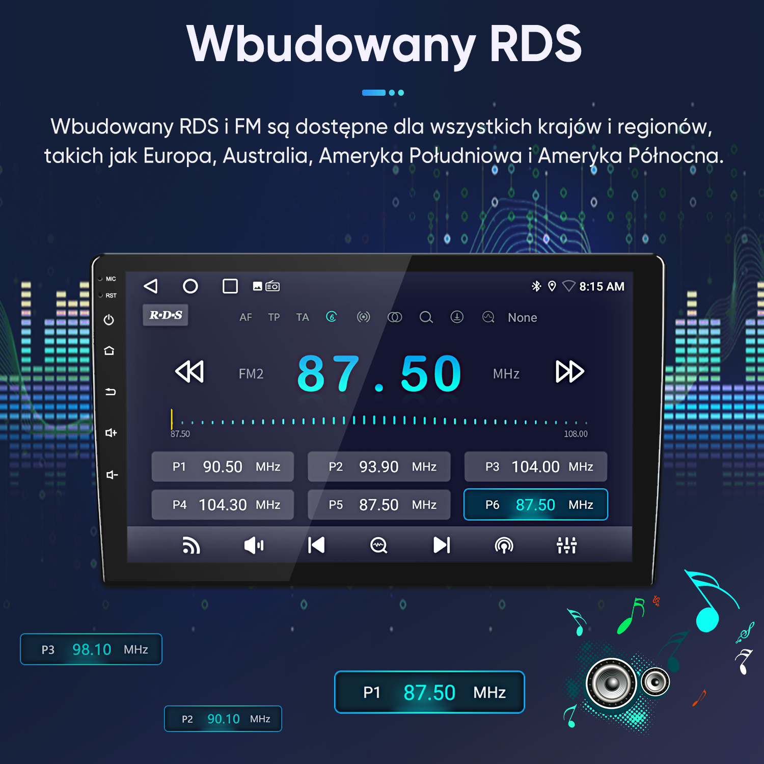 Radio samochodowe wyświetla FM2 87.50 MHz z zaprogramowanymi stacjami.