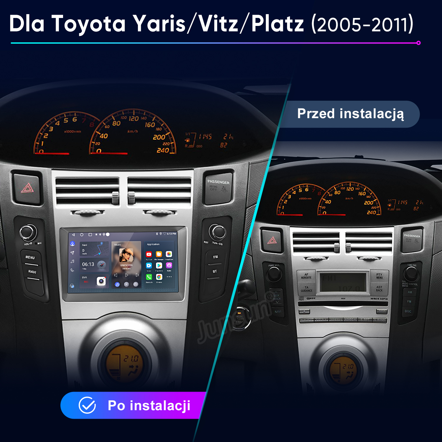Porównanie deski rozdzielczej Toyota Yaris przed i po modernizacji systemu infotainment.
