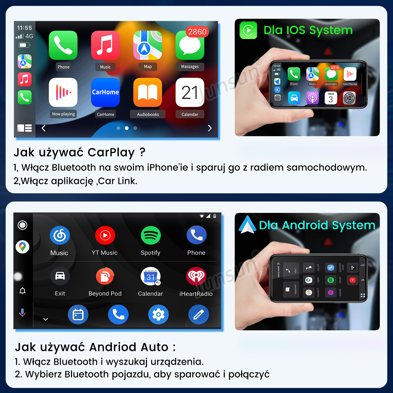 Ekran pokazujący CarPlay i Android Auto, ekrany telefonu i ikony.