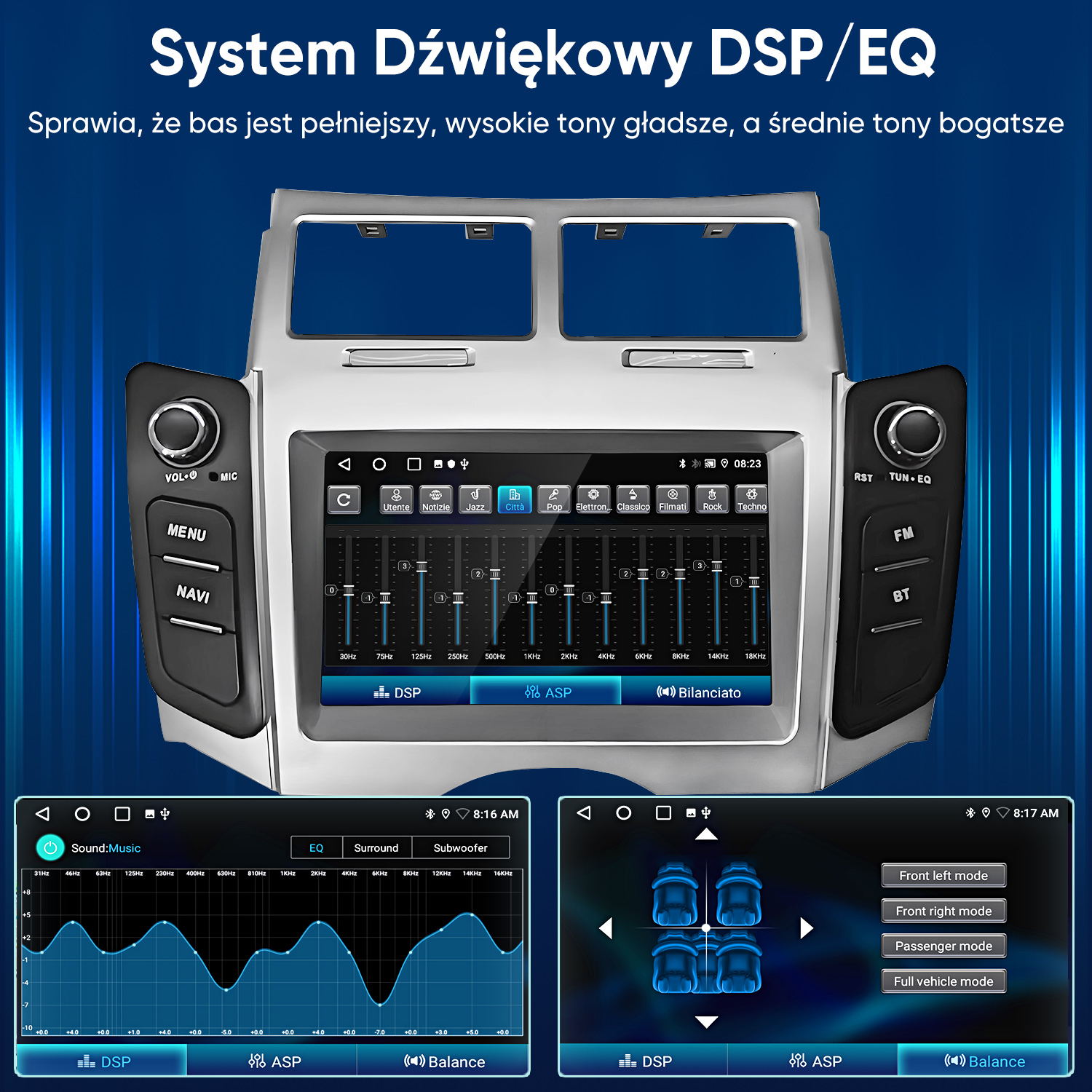 System radia samochodowego pokazujący DSP/EQ, krzywą korektora i ustawienia głośników.