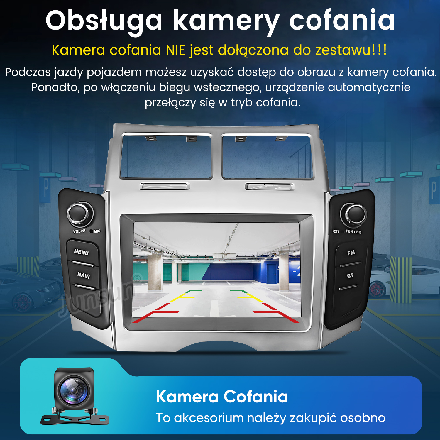 Ekran radia samochodowego z widokiem kamery cofania i kamerą cofania.