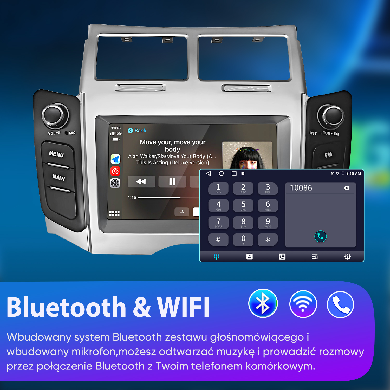 Radio samochodowe z ekranem dotykowym wyświetla muzykę i klawiaturę. Pod spodem "Bluetooth & WIFI".