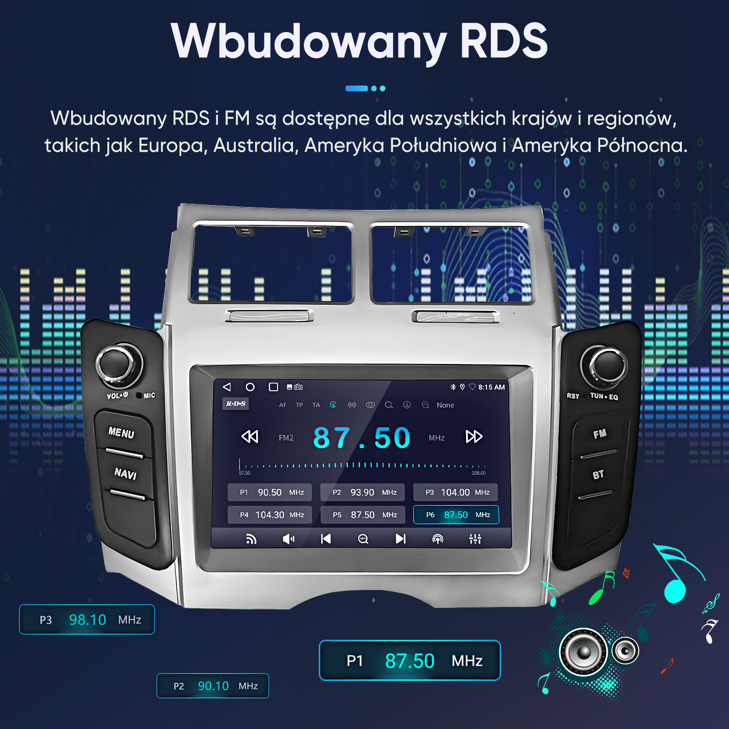 Radio samochodowe z RDS i FM. Wyświetla częstotliwość 87.50 MHz.