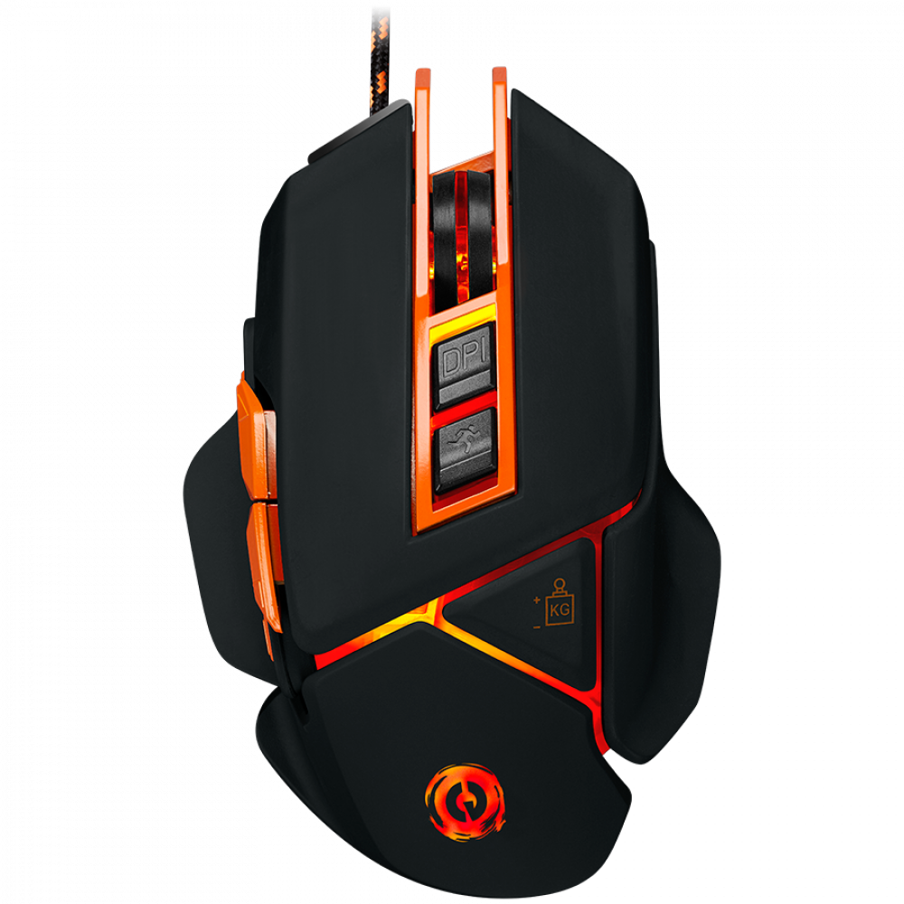 Mouse da gaming nero con accenti arancioni, pulsante DPI ed elementi luminosi.