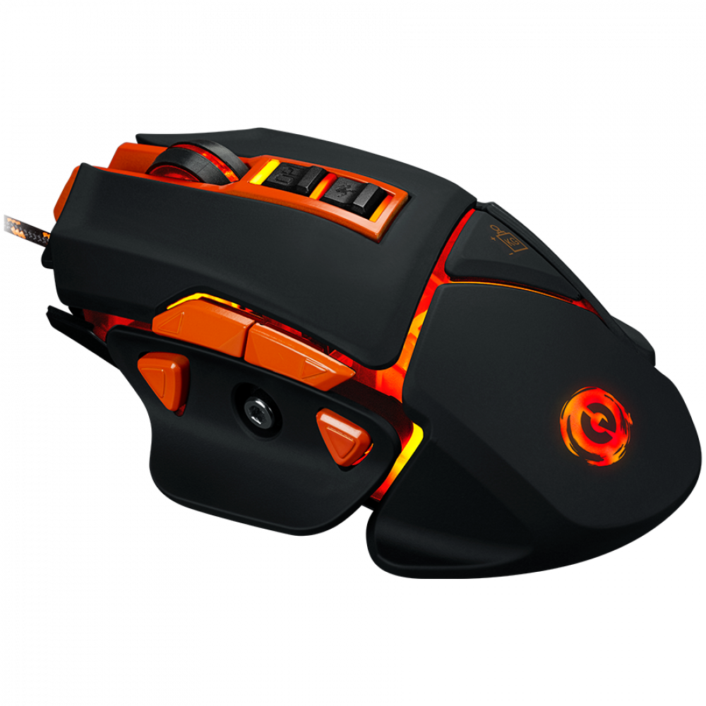 Mouse da gaming nero con accenti arancioni e linee luminose.