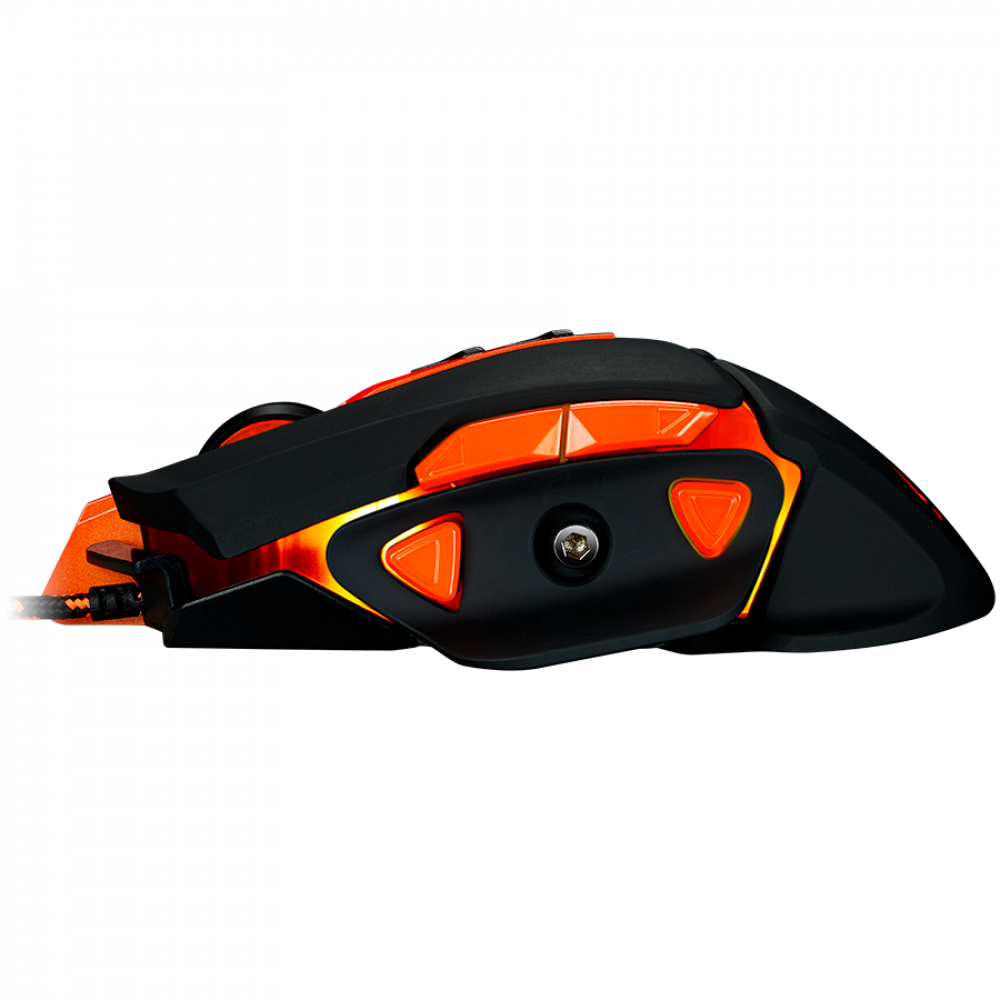 Un mouse da gaming nero con accenti arancioni e illuminazione.