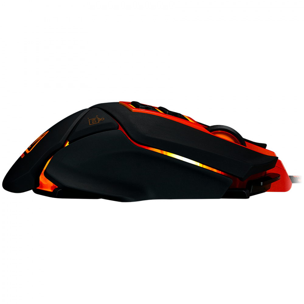 Mouse gaming nero con accenti LED arancioni su sfondo nero.