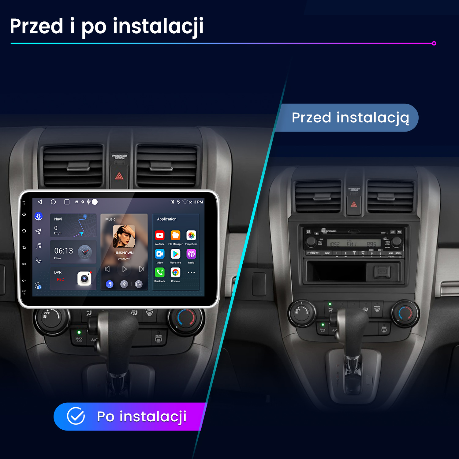 Porównanie deski rozdzielczej samochodu przed i po. Lewo: nowoczesny system dotykowy. Prawo: oryginalne radio.