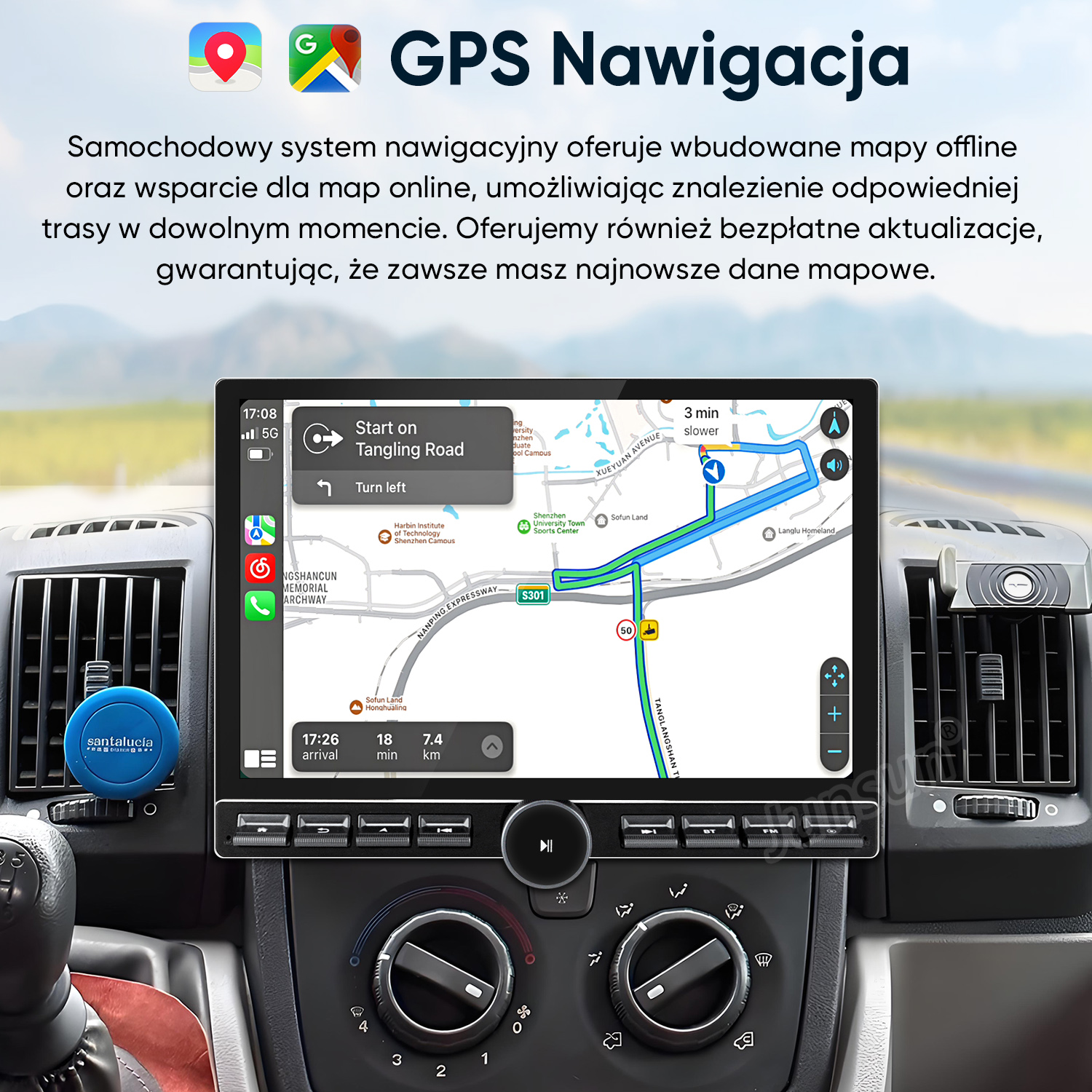 Wyświetlany jest samochodowy system nawigacji GPS z mapami offline i online.